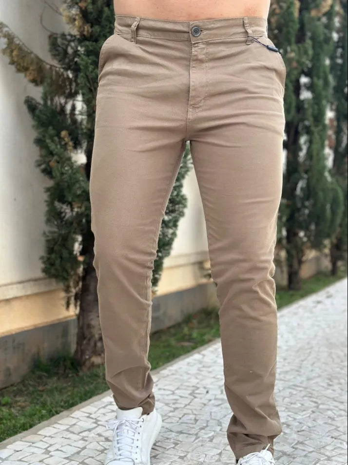 Calça Sarja Masculina Ralph Alfaiataria Premium com Elastano Cor Caqui