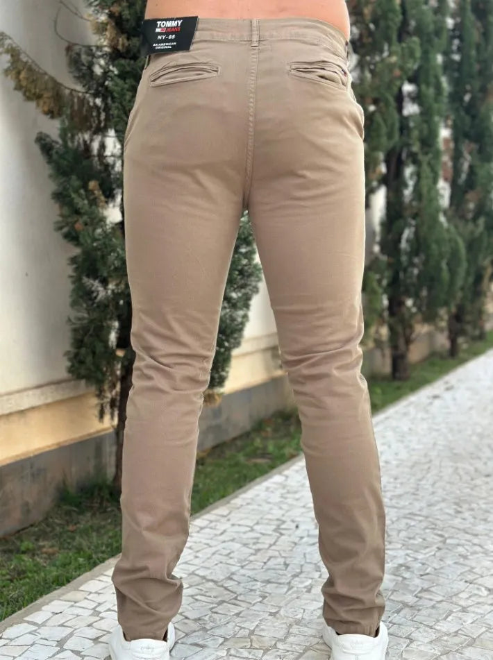 Calça Sarja Masculina Ralph Alfaiataria Premium com Elastano Cor Caqui