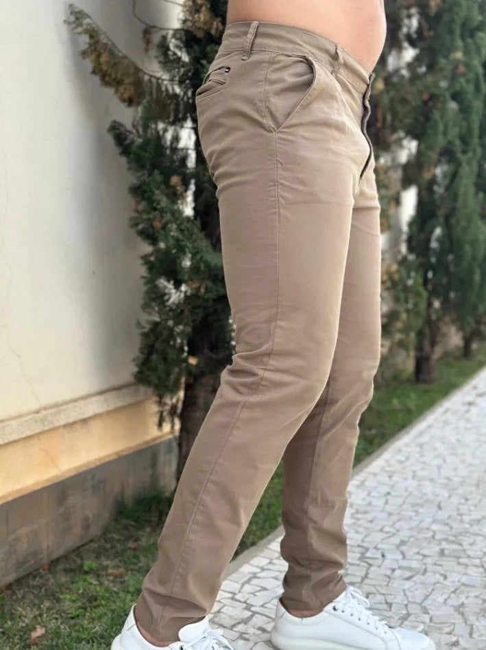 Calça Sarja Masculina Ralph Alfaiataria Premium com Elastano Cor Caqui