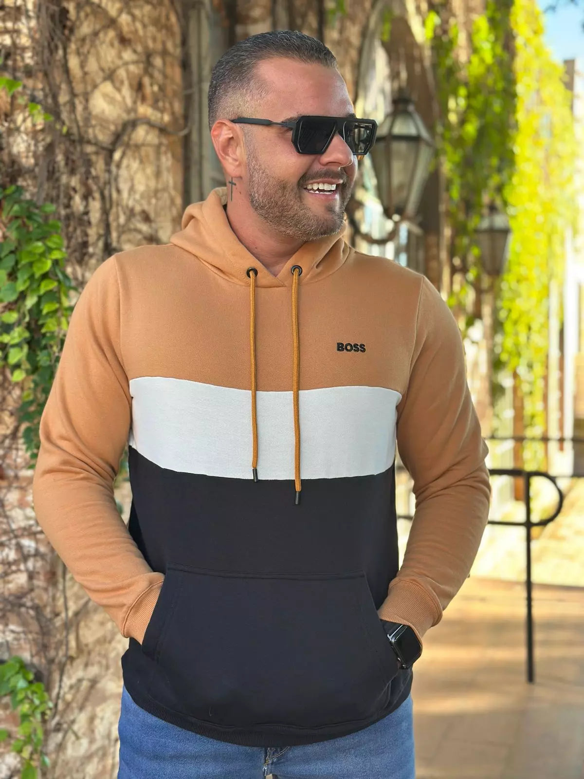 Blusa Moletom Boss Tricolor em Algodão e Poliéster com Capuz