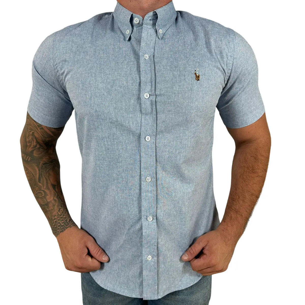 Camisa PRL Masculina Manga Curta Oxford Azul Jeans Logo Marrom