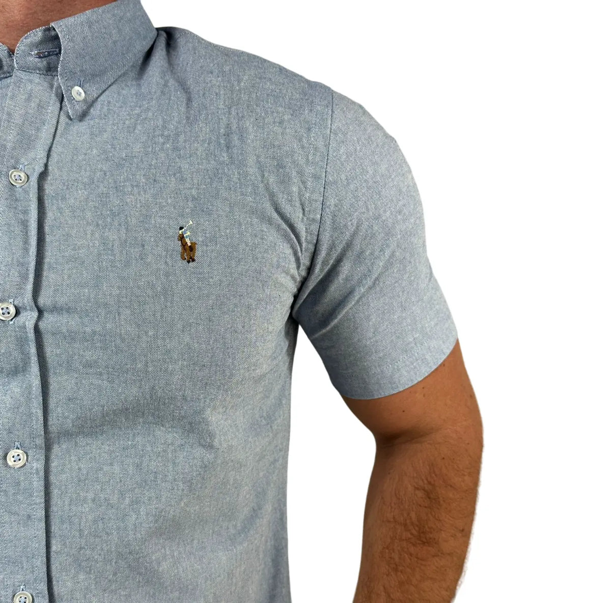 Camisa PRL Masculina Manga Curta Oxford Azul Jeans Logo Marrom