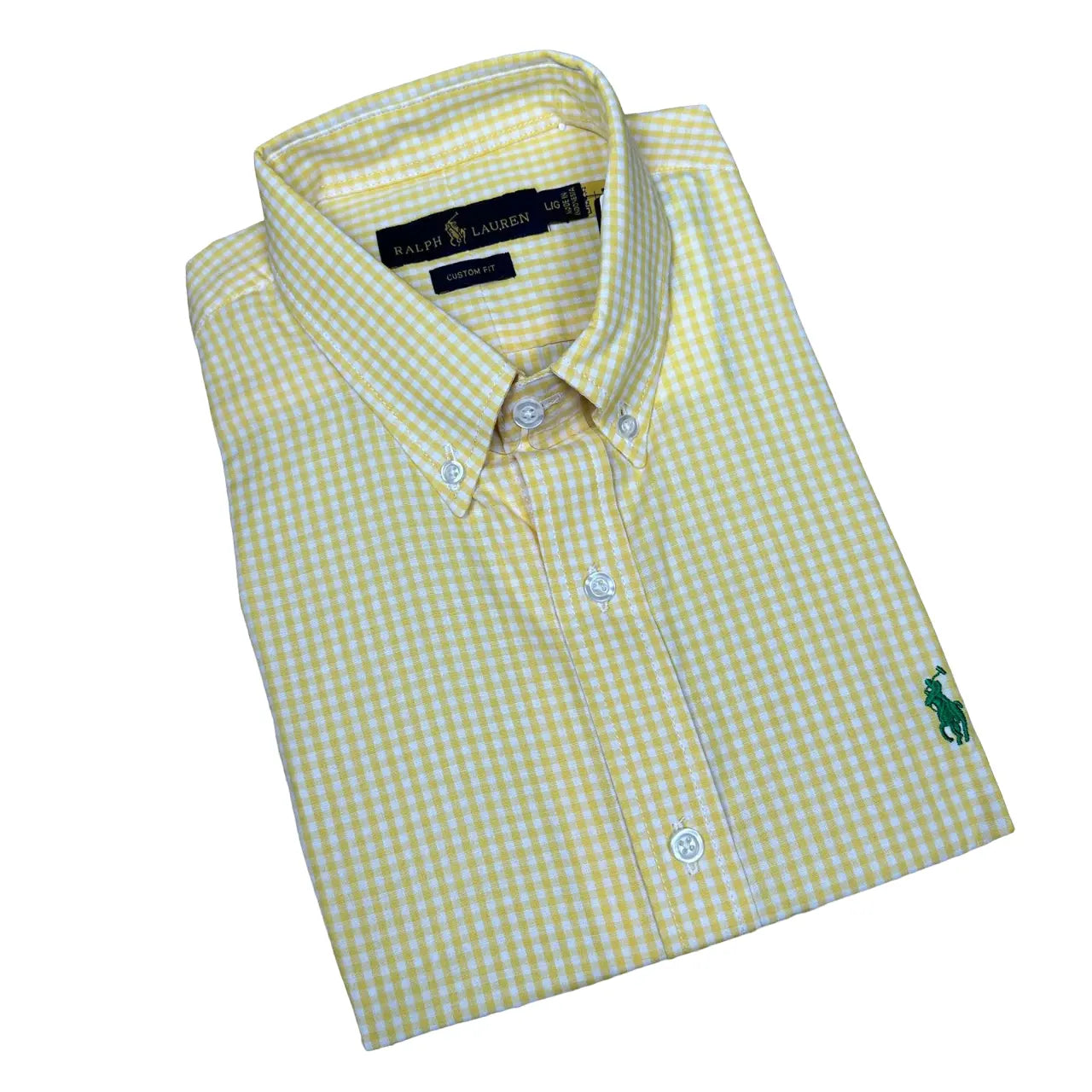 Camisa PRL Masculina Manga Curta Oxford Xadrez Amarela Logo Verde