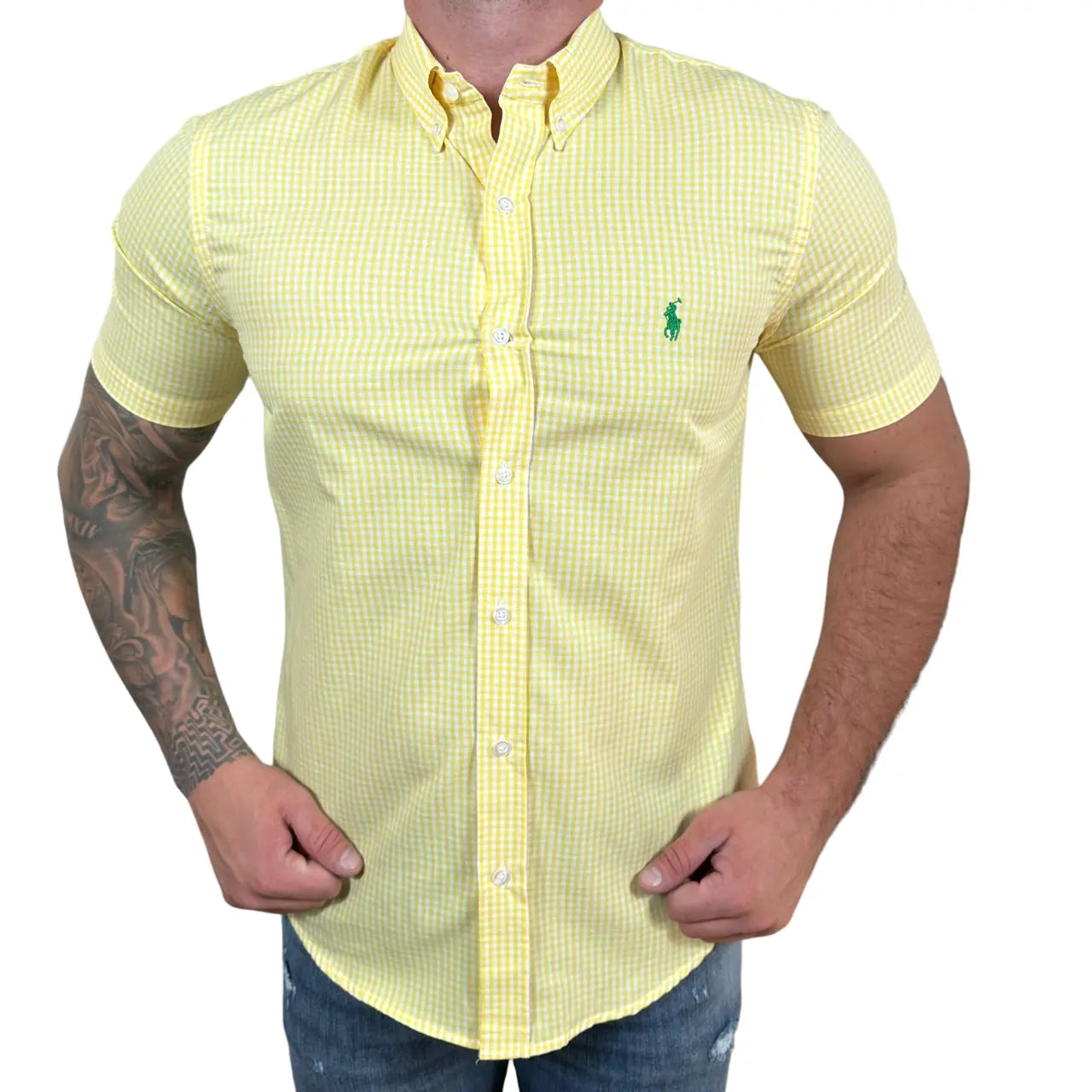 Camisa PRL Masculina Manga Curta Oxford Xadrez Amarela Logo Verde
