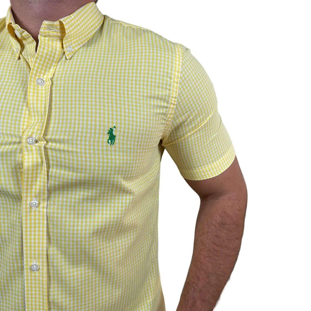 Camisa PRL Masculina Manga Curta Oxford Xadrez Amarela Logo Verde
