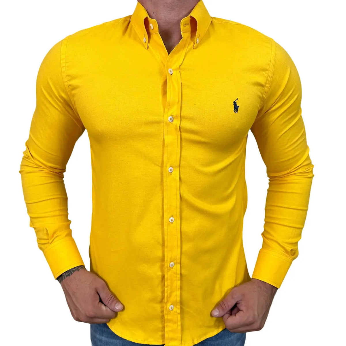 Camisa PRL Masculina Regular Fit Oxford Amarelo Logo Azul