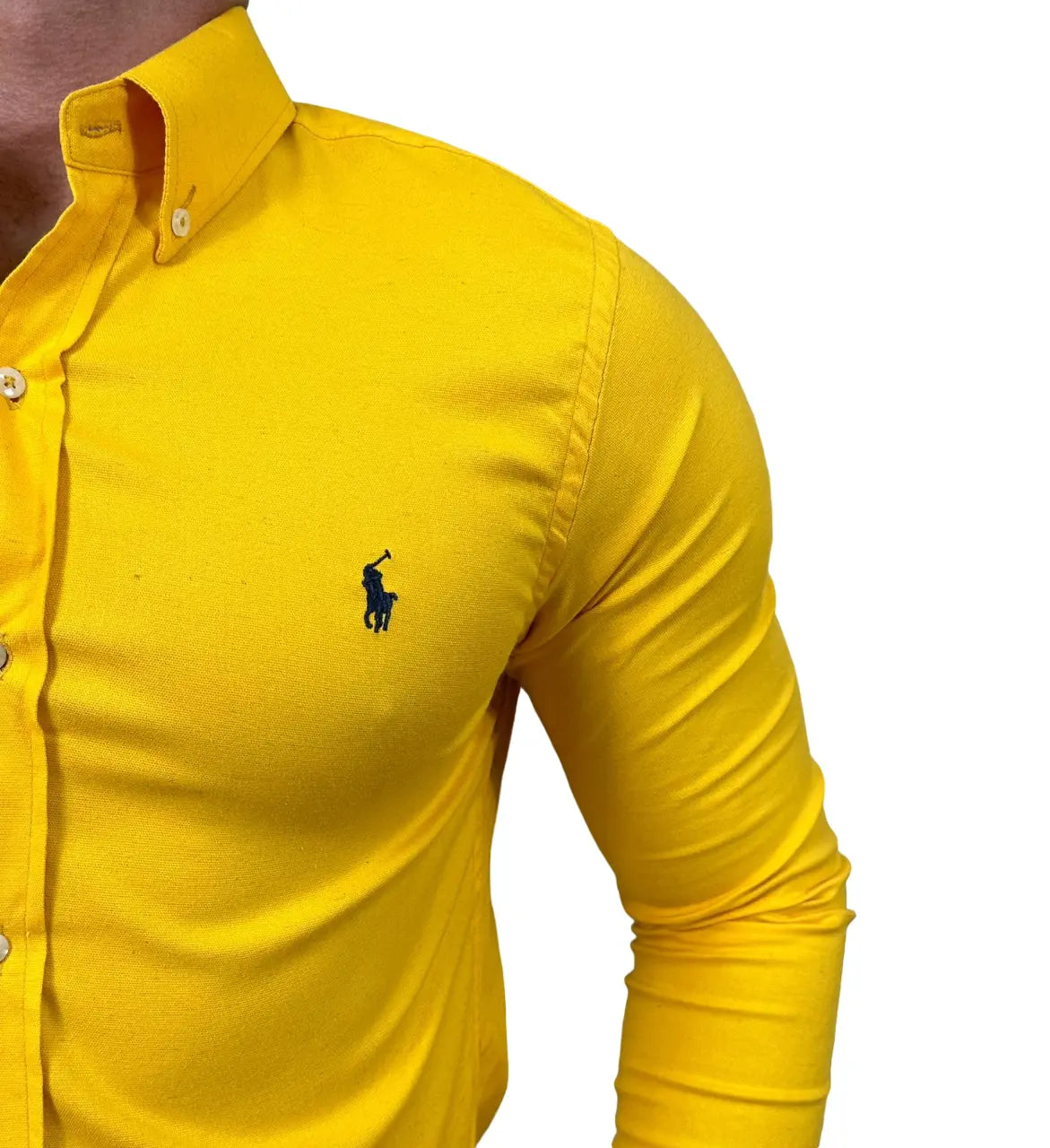 Camisa PRL Masculina Regular Fit Oxford Amarelo Logo Azul