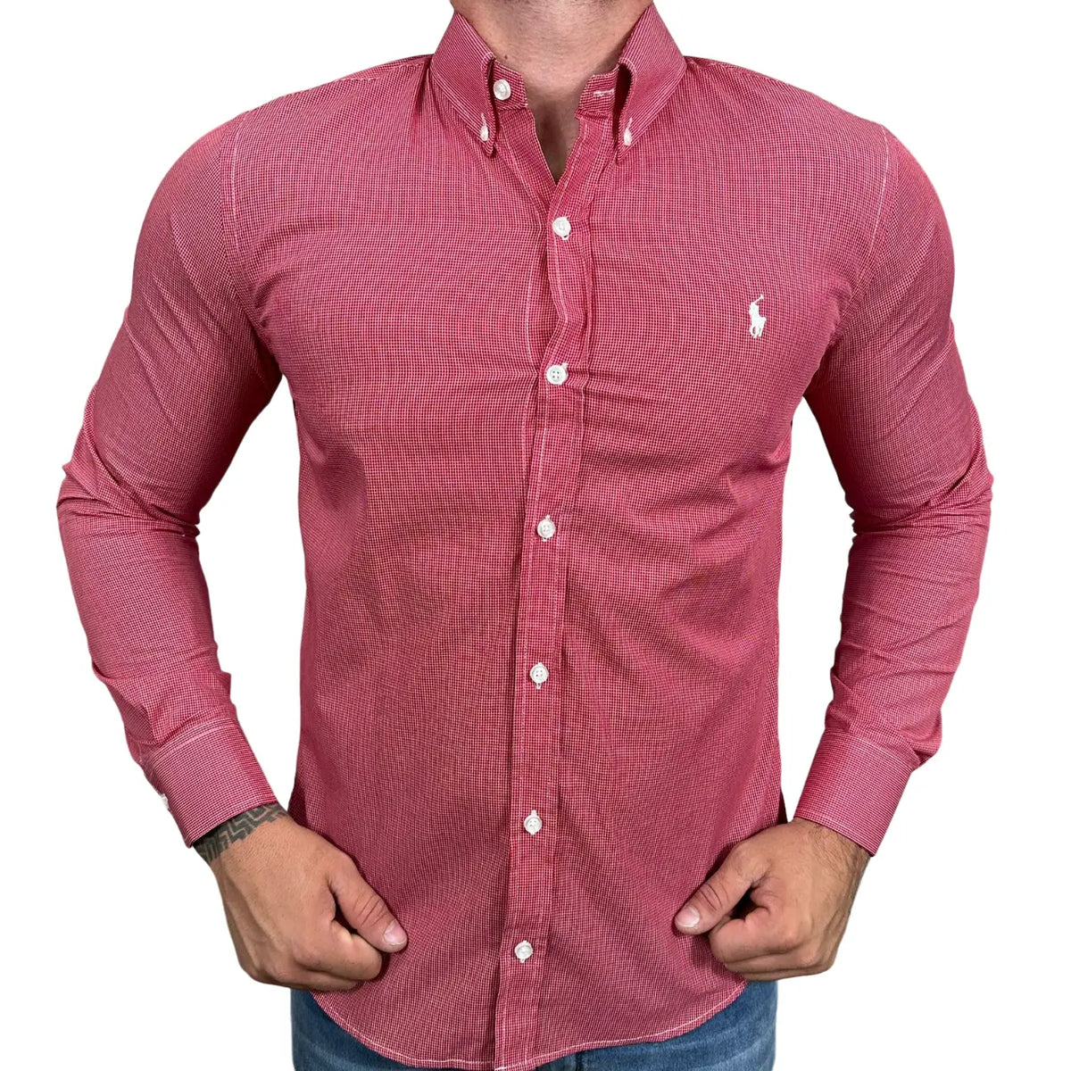 Camisa PRL Masculina Regular Fit Algodão Quadriculada Vermelha