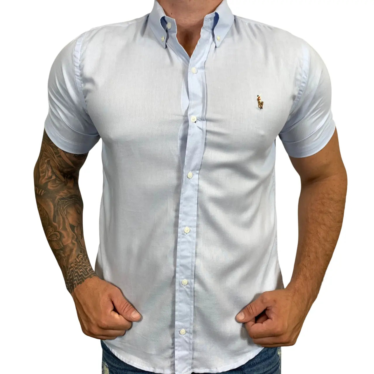 Camisa PRL Masculina Manga Curta Oxford Azul Claro