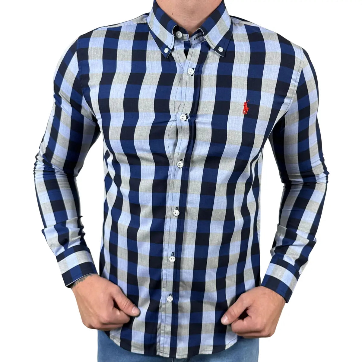 Camisa PRL Custom Fit Tricoline Algodão Xadrez Cor Azul