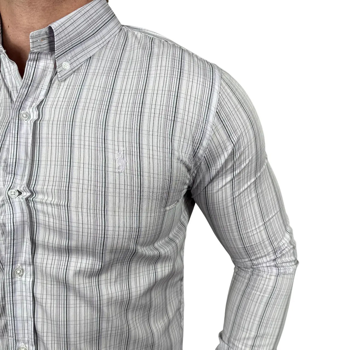 Camisa Polo Raulph Lauren Custom Fit Tricoline Algodão Xadrez Cor Cinza