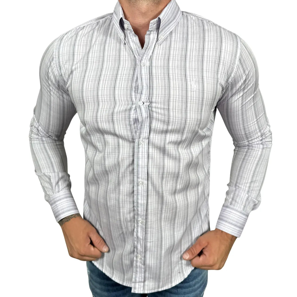 Camisa Polo Raulph Lauren Custom Fit Tricoline Algodão Xadrez Cor Cinza