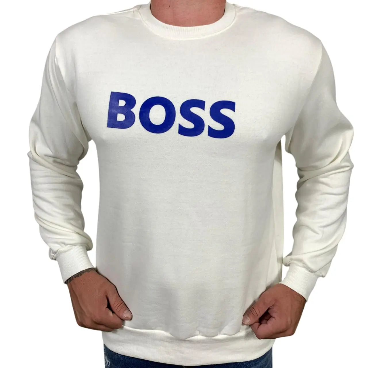 Blusa Moletom Boss Monocromático Branco e Logo Azul em Algodão