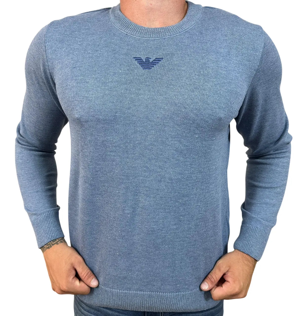 Suéter Armani Monocromático Azul com Gola Redonda em Poliéster