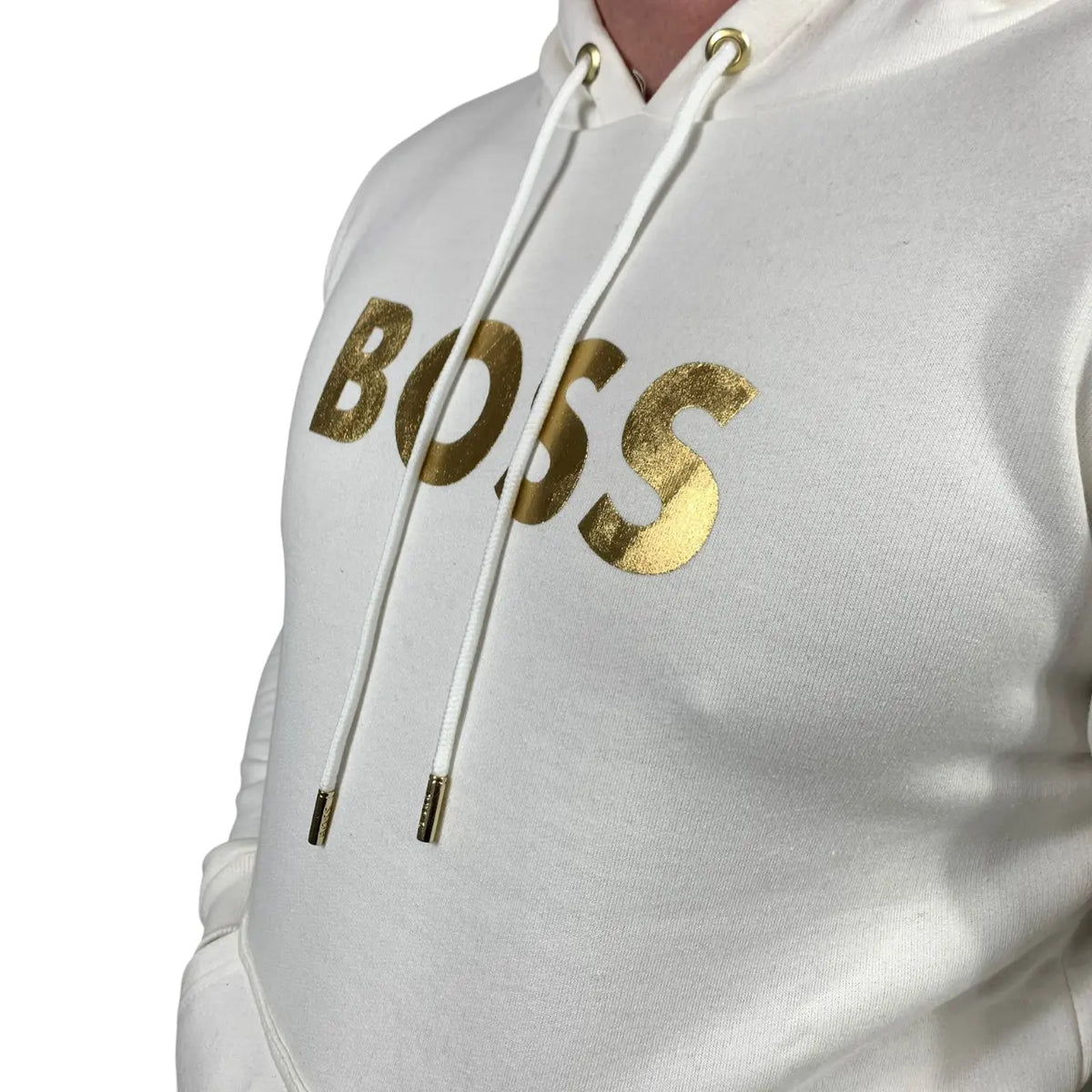 Blusa Moletom Boss Monocromático Branco com Logo Dourada em Algodão e Poliéster com Capuz