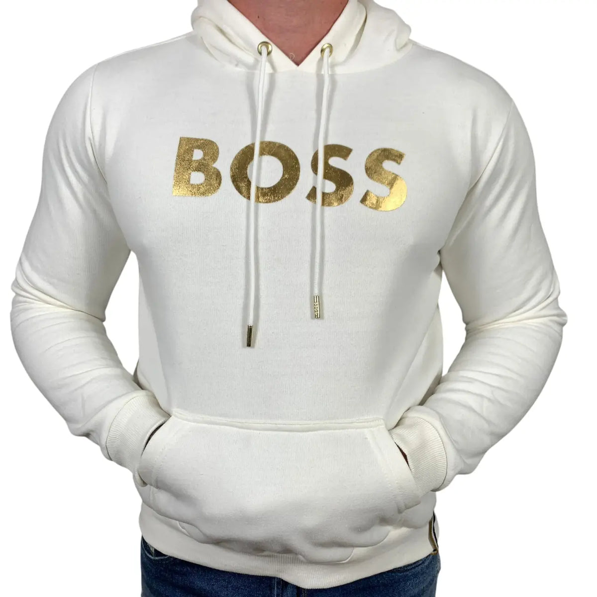 Blusa Moletom Boss Monocromático Branco com Logo Dourada em Algodão e Poliéster com Capuz