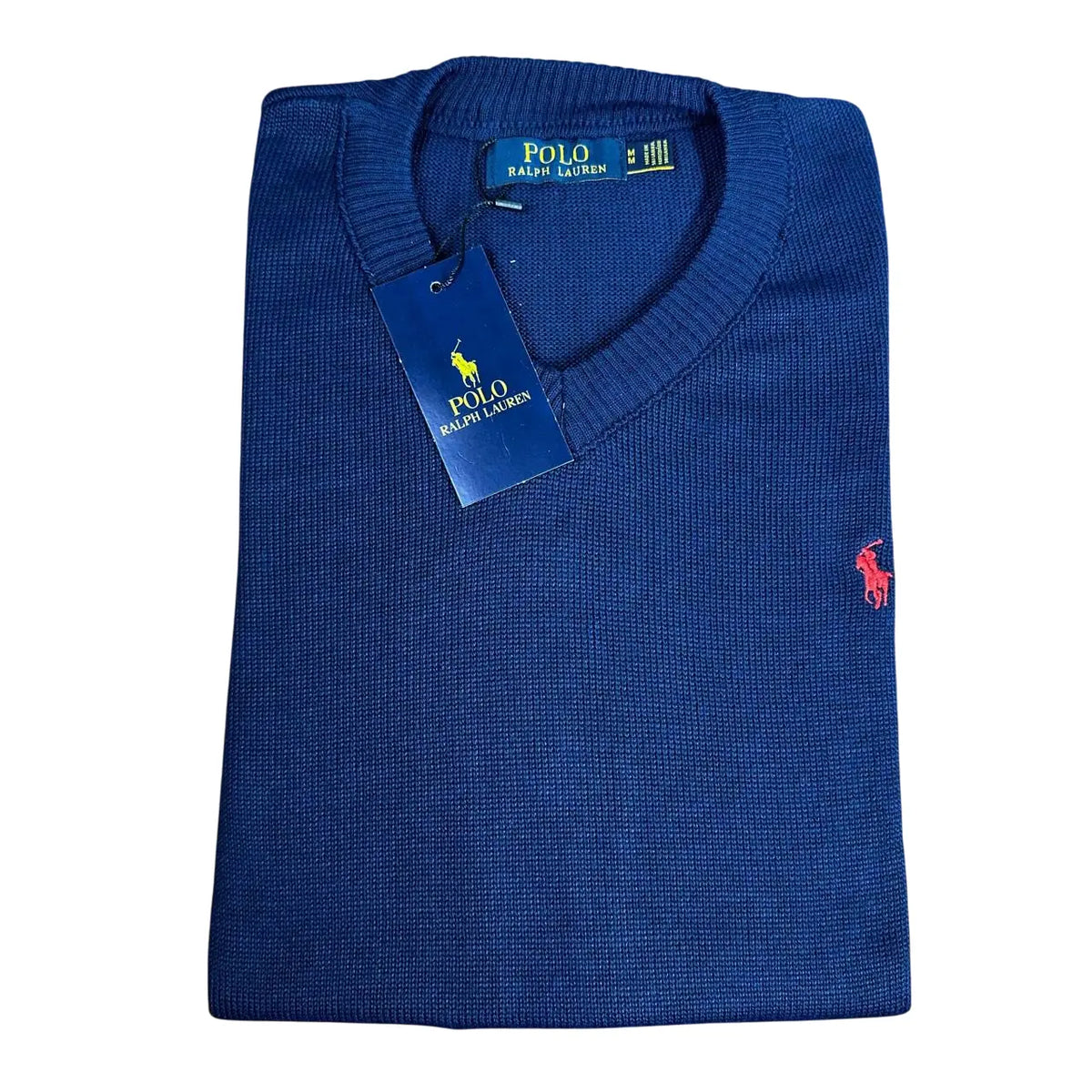 Suéter Monocromático Azul Escuro com Gola V em Poliéster