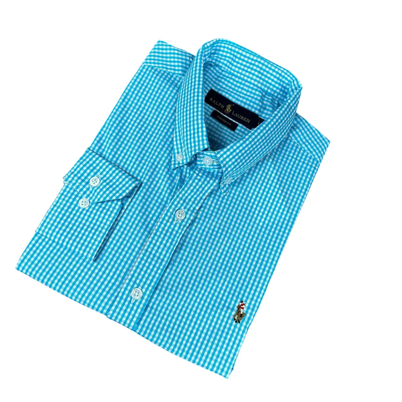 Camisa Social Masculina Custom Fit PRL Algodão Xadrez Azul