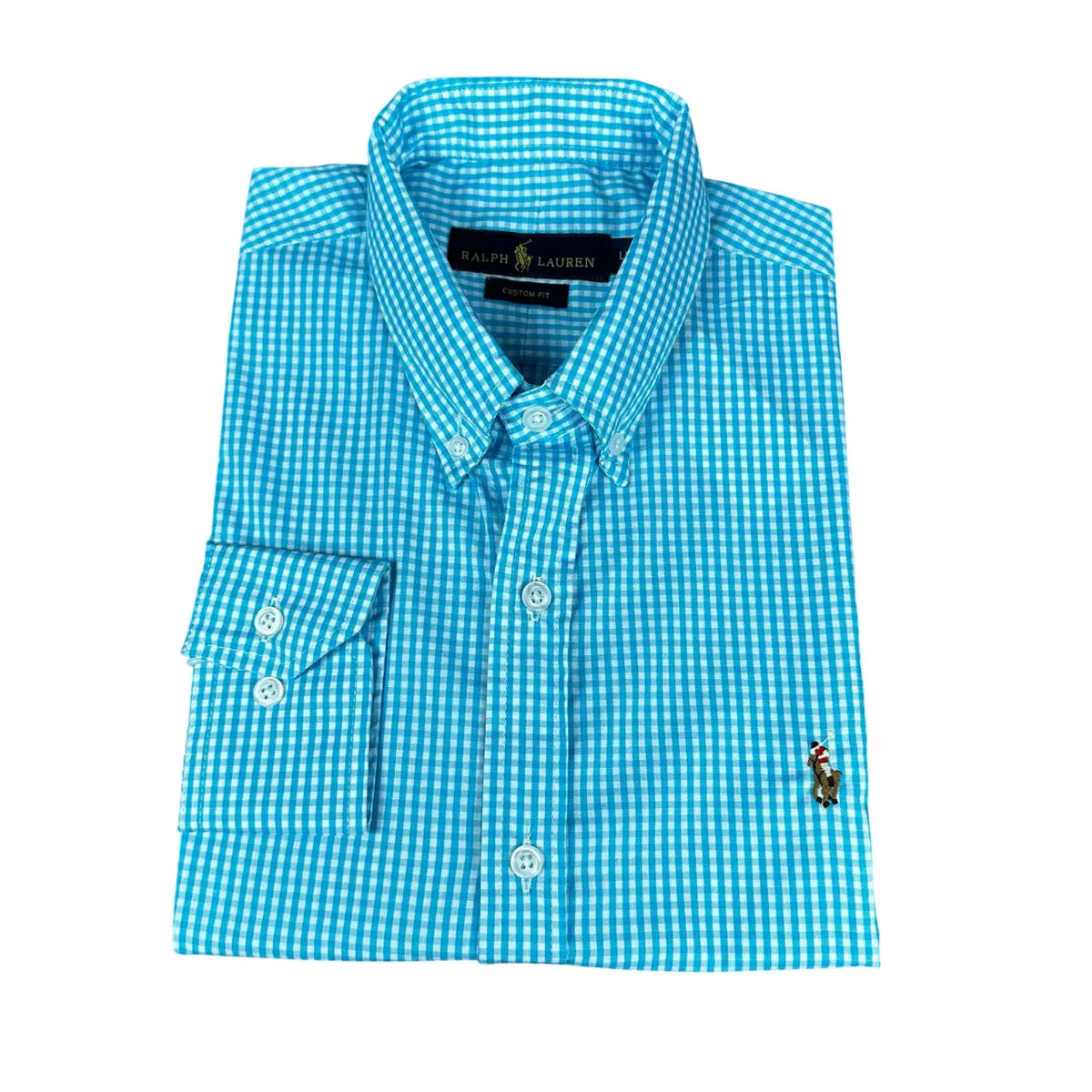 Camisa Social Masculina Custom Fit PRL Algodão Xadrez Azul
