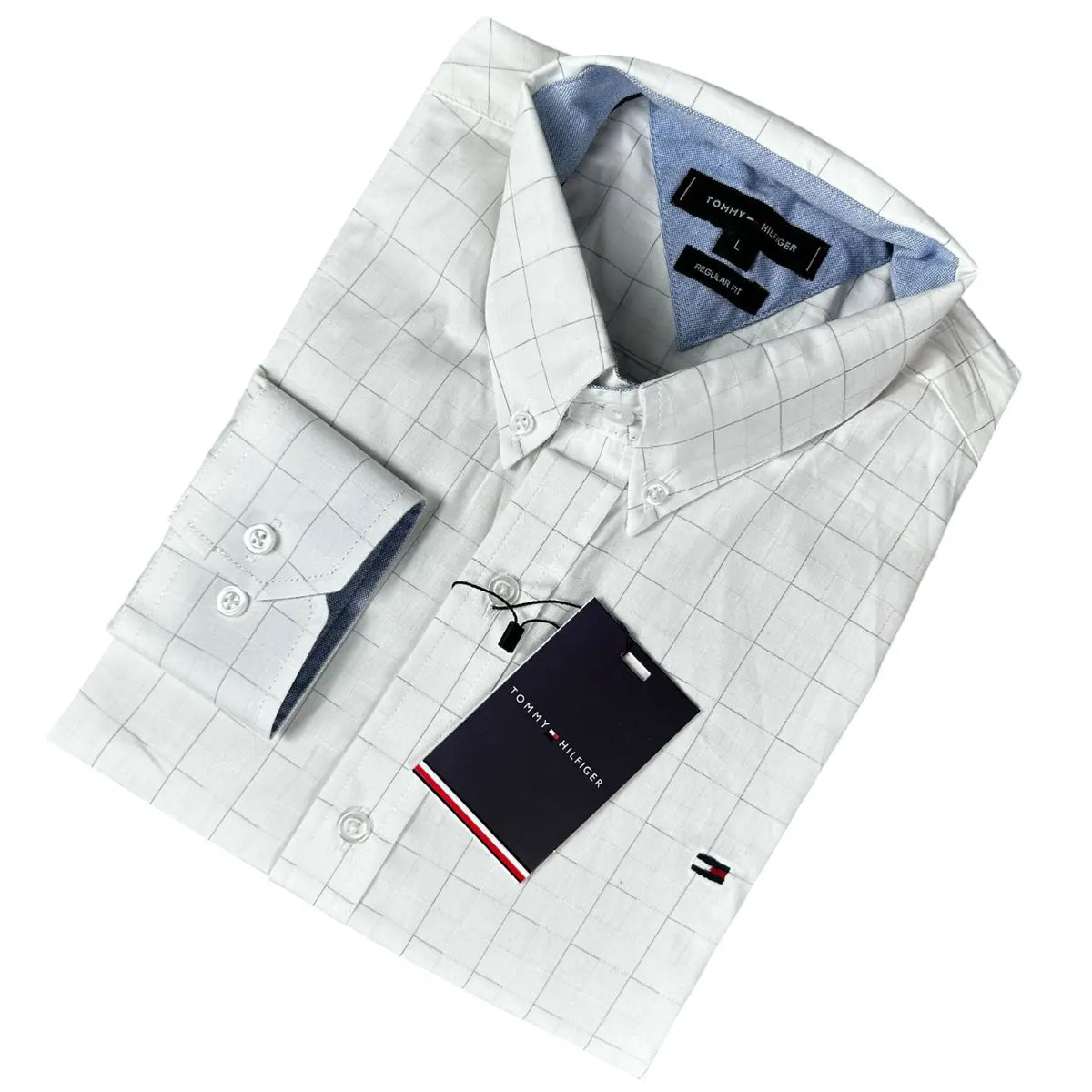 Camisa Social Masculina Custom Fit Tommy Algodão Xadrez Branca