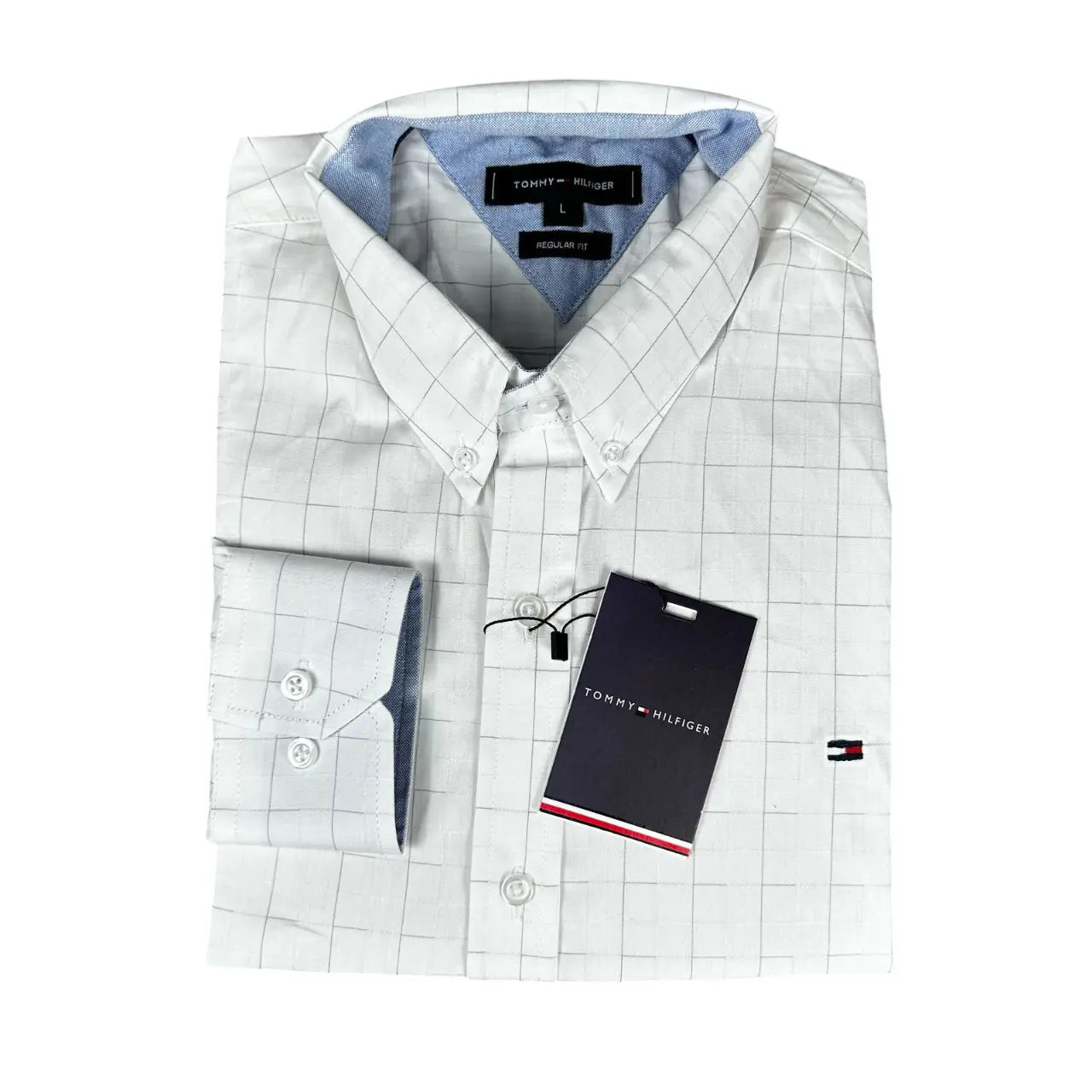 Camisa Social Masculina Custom Fit Tommy Algodão Xadrez Branca