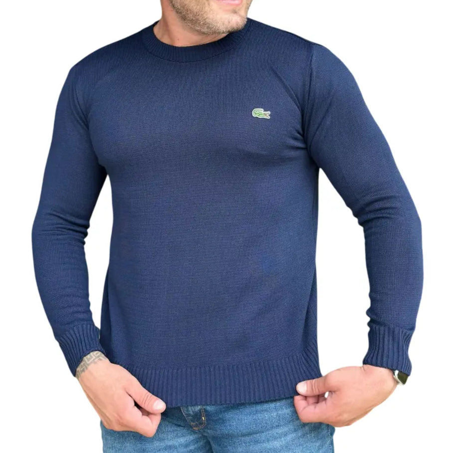 Suéter Masculino Monocromático Azul com Gola Redonda em Poliéster