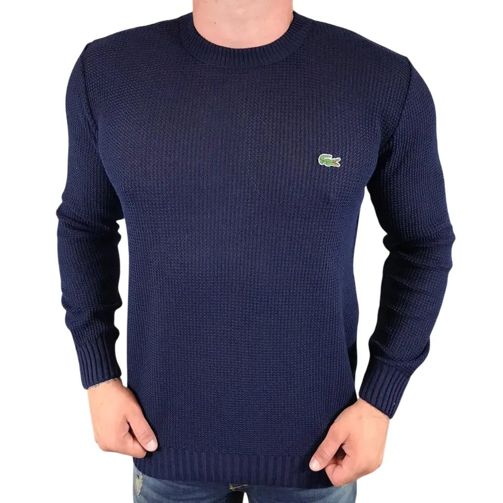 Suéter Masculino Monocromático Azul com Gola Redonda em Poliéster