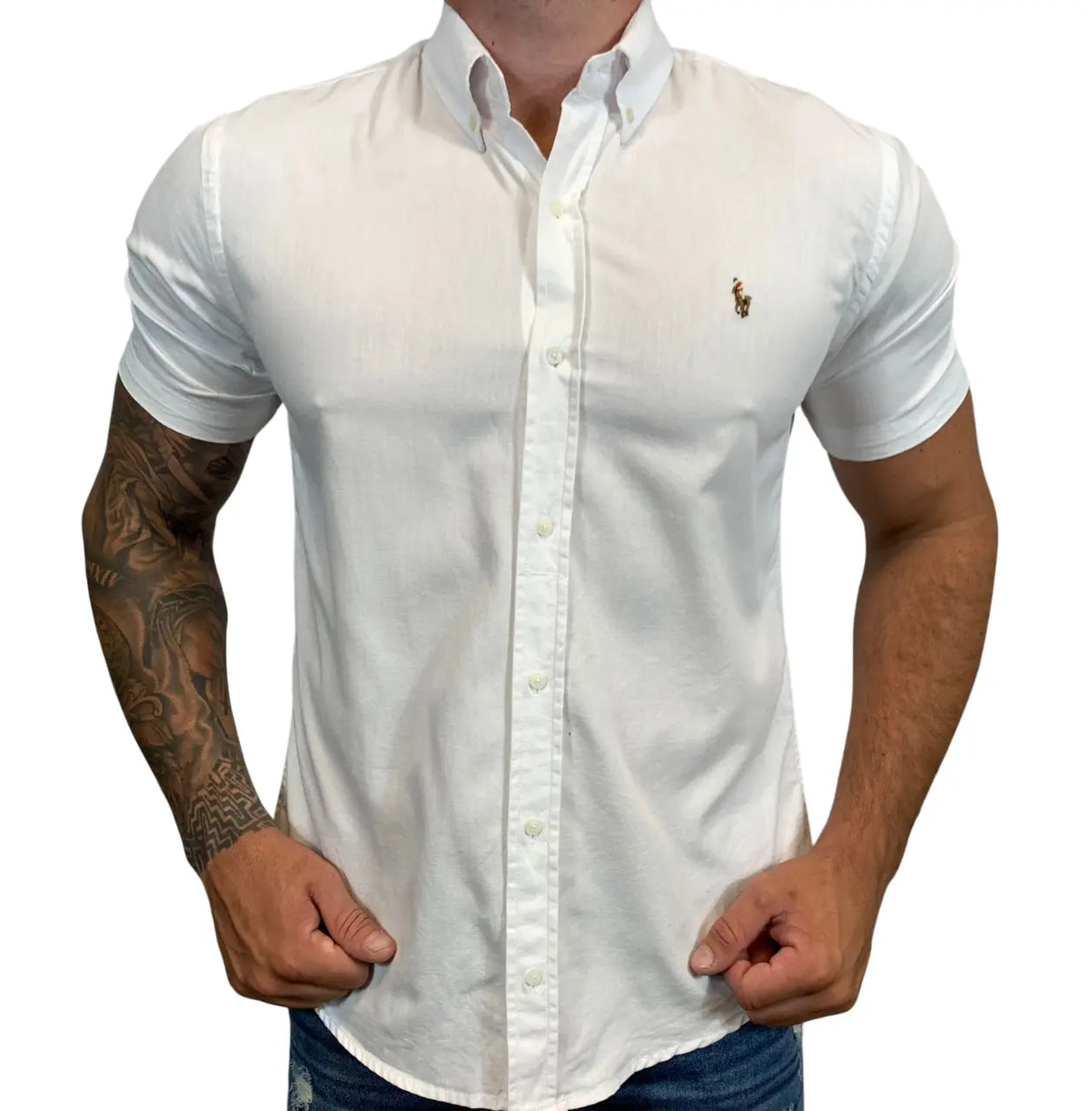 Camisa PRL Masculina Manga Curta Oxford Branca Logo Marrom