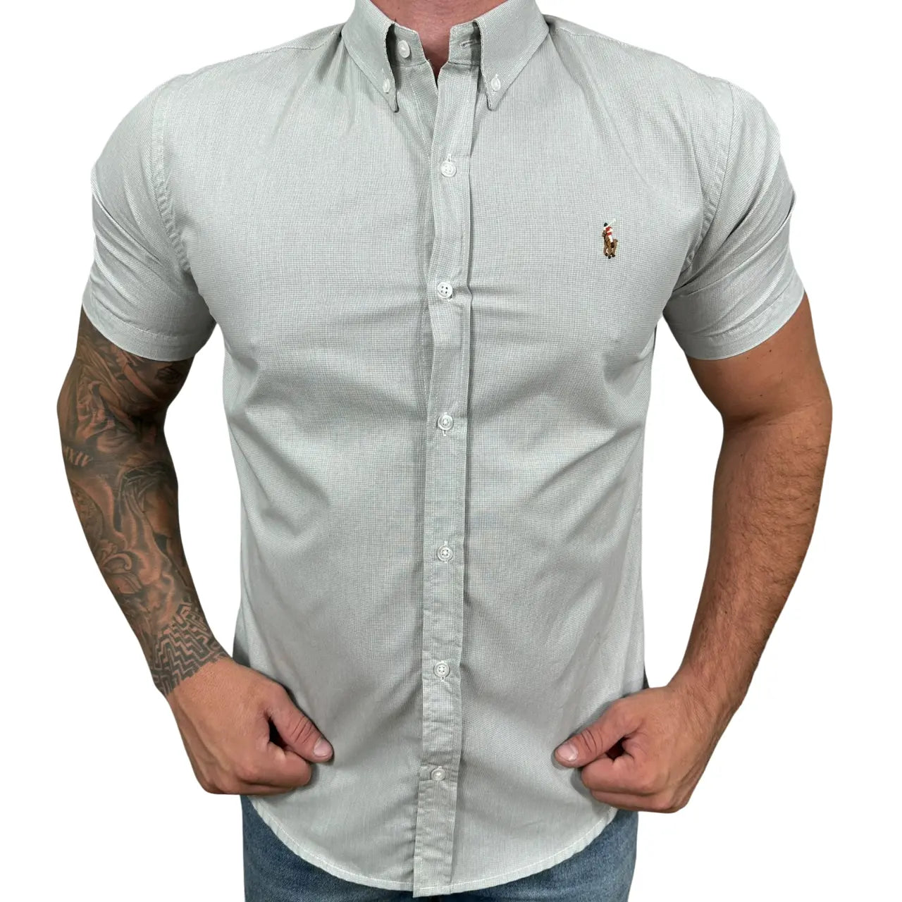 Camisa PRL Masculina Manga Curta Tricoline Cinza Micro Xadrez