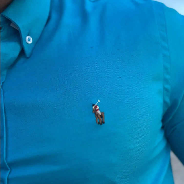 Camisa Social Masculina Custom Fit PRL Algodão Azul