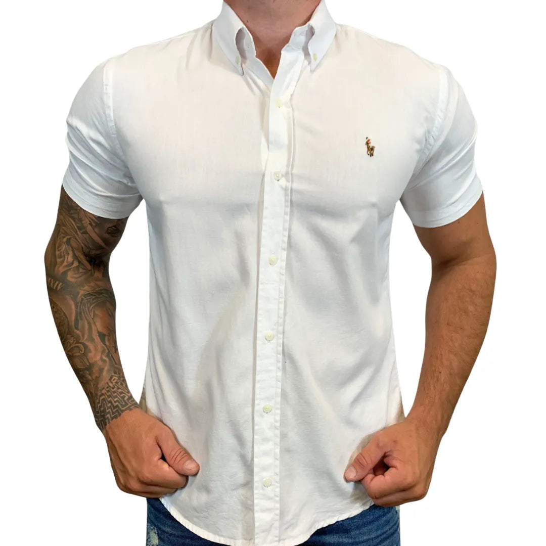 Camisa PRL Masculina Manga Curta Oxford Branca Logo Marrom