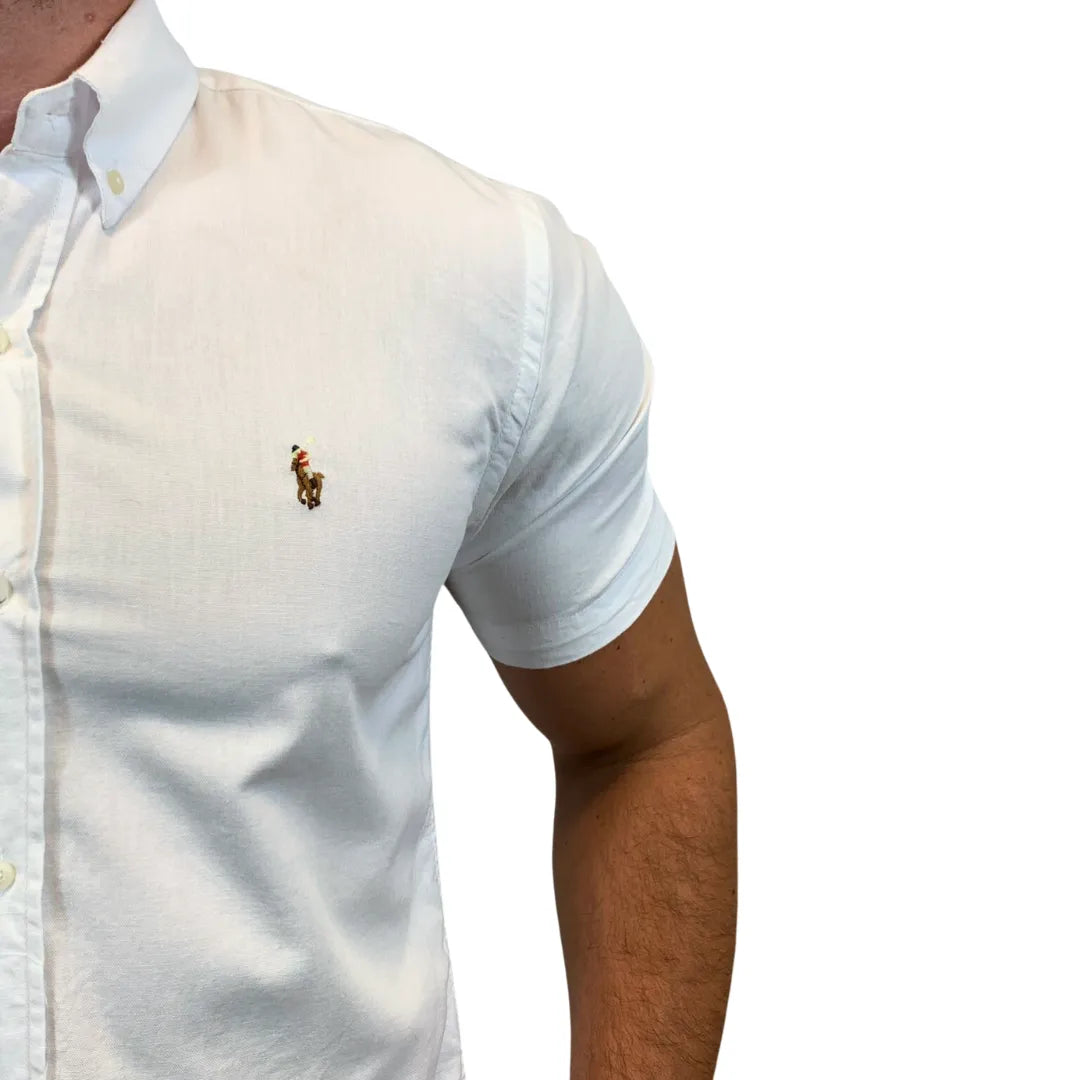 Camisa PRL Masculina Manga Curta Oxford Branca Logo Marrom