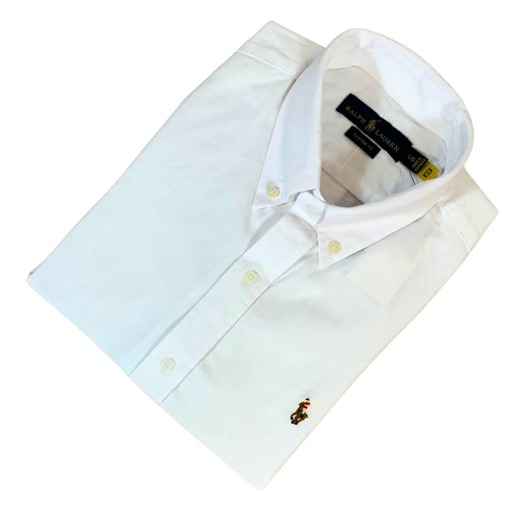 Camisa PRL Masculina Manga Curta Oxford Branca Logo Marrom
