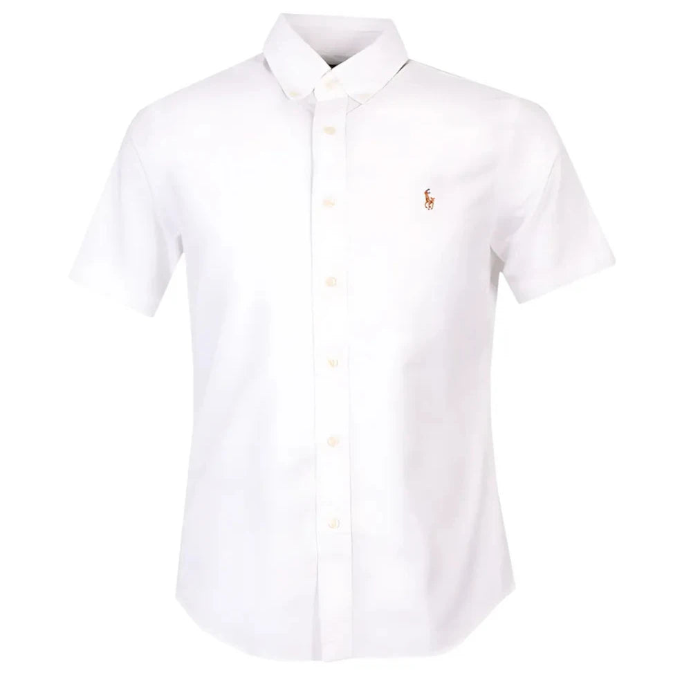 Camisa PRL Masculina Manga Curta Oxford Branca Logo Marrom
