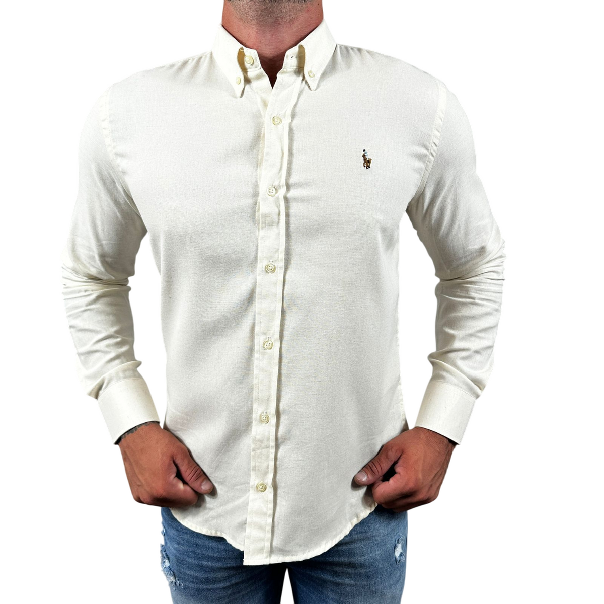 Camisa PRL Masculina Regular Fit Linho Cor Off White