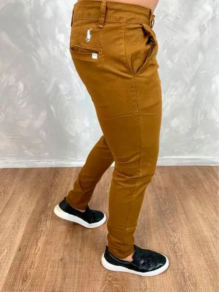 Calça Sarja Masculina Ralph Alfaiataria Premium com Elástano Cor Caramelo
