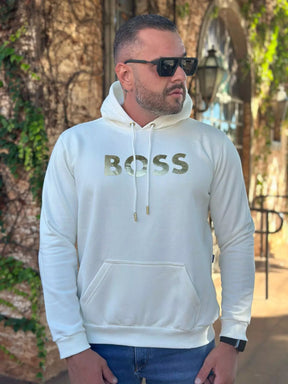 Blusa Moletom Boss Monocromático Branco com Logo Dourada em Algodão e Poliéster com Capuz