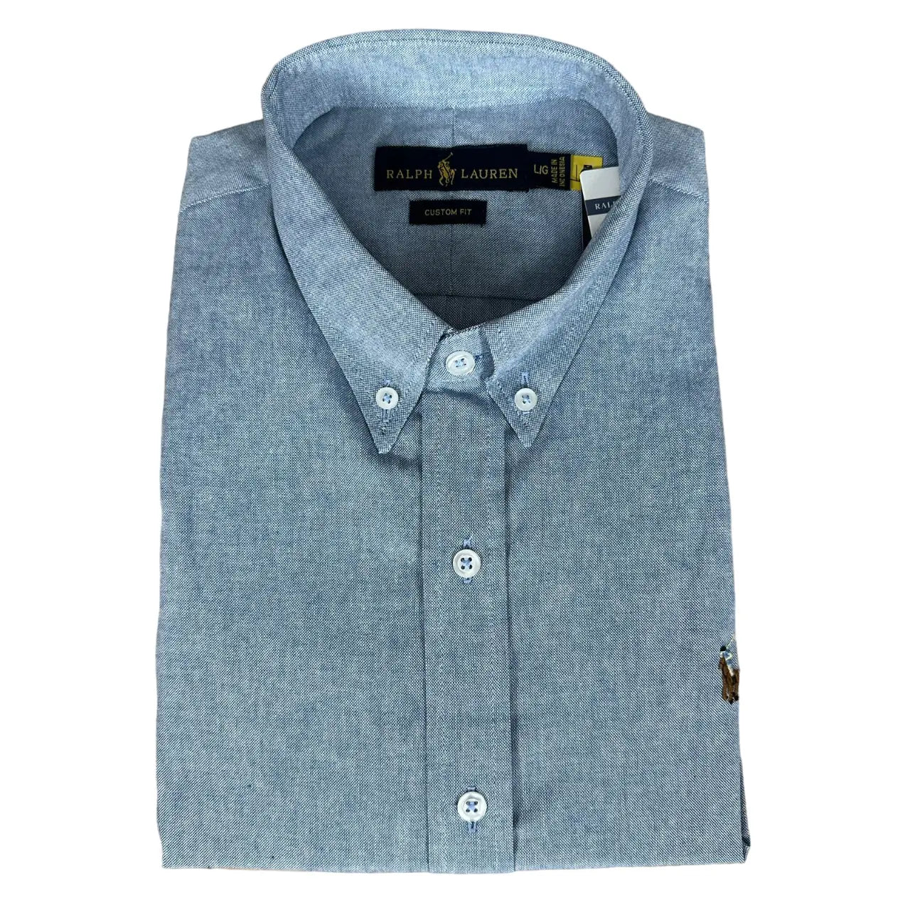 Camisa PRL Masculina Manga Curta Oxford Azul Jeans Logo Marrom