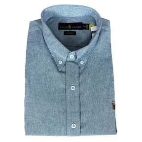 Camisa PRL Masculina Manga Curta Oxford Azul Jeans Logo Marrom