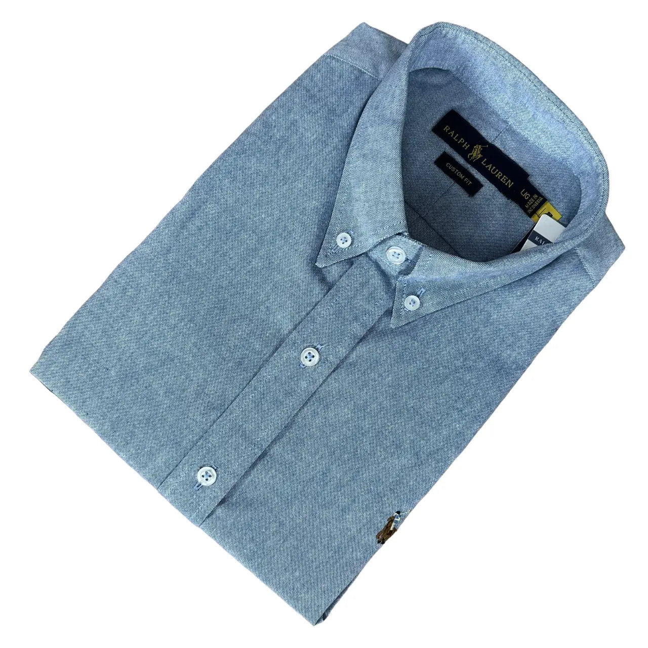 Camisa PRL Masculina Manga Curta Oxford Azul Jeans Logo Marrom