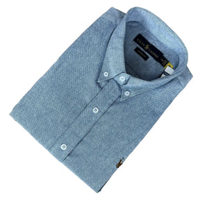 Camisa PRL Masculina Manga Curta Oxford Azul Jeans Logo Marrom