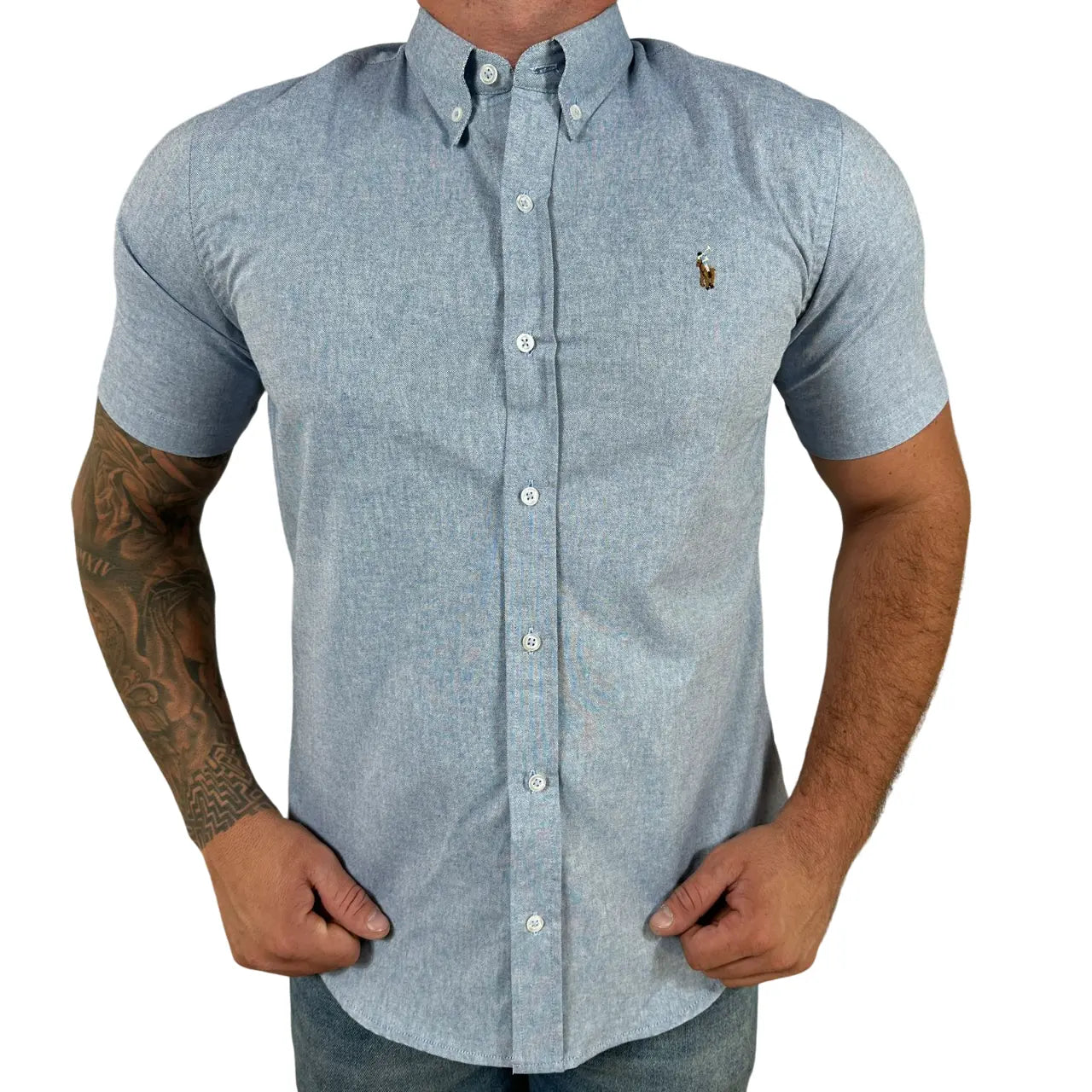 Camisa PRL Masculina Manga Curta Oxford Azul Jeans Logo Marrom