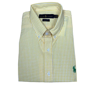 Camisa PRL Masculina Manga Curta Oxford Xadrez Amarela Logo Verde