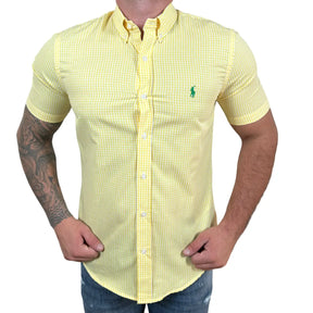 Camisa PRL Masculina Manga Curta Oxford Xadrez Amarela Logo Verde