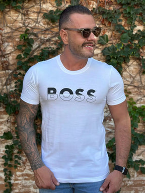 Camiseta Boss Masculina Manga Curta Cor Branca com Logo Branco e Preto