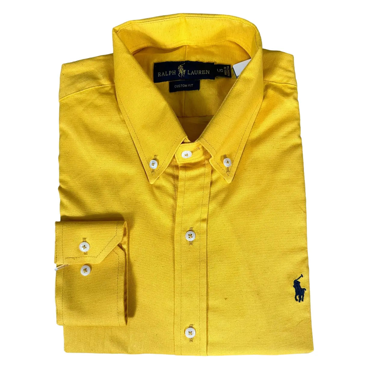 Camisa PRL Masculina Regular Fit Oxford Amarelo Logo Azul
