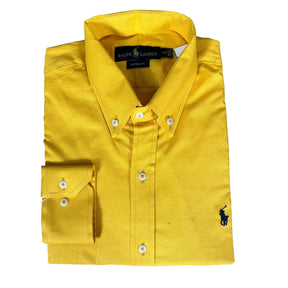 Camisa PRL Masculina Regular Fit Oxford Amarelo Logo Azul