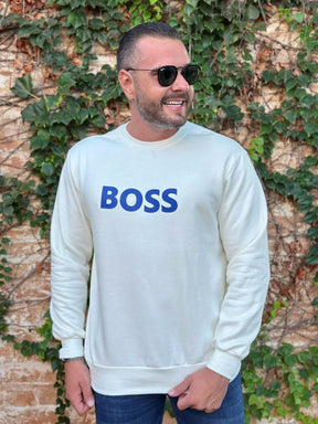 Blusa Moletom Boss Monocromático Branco e Logo Azul em Algodão