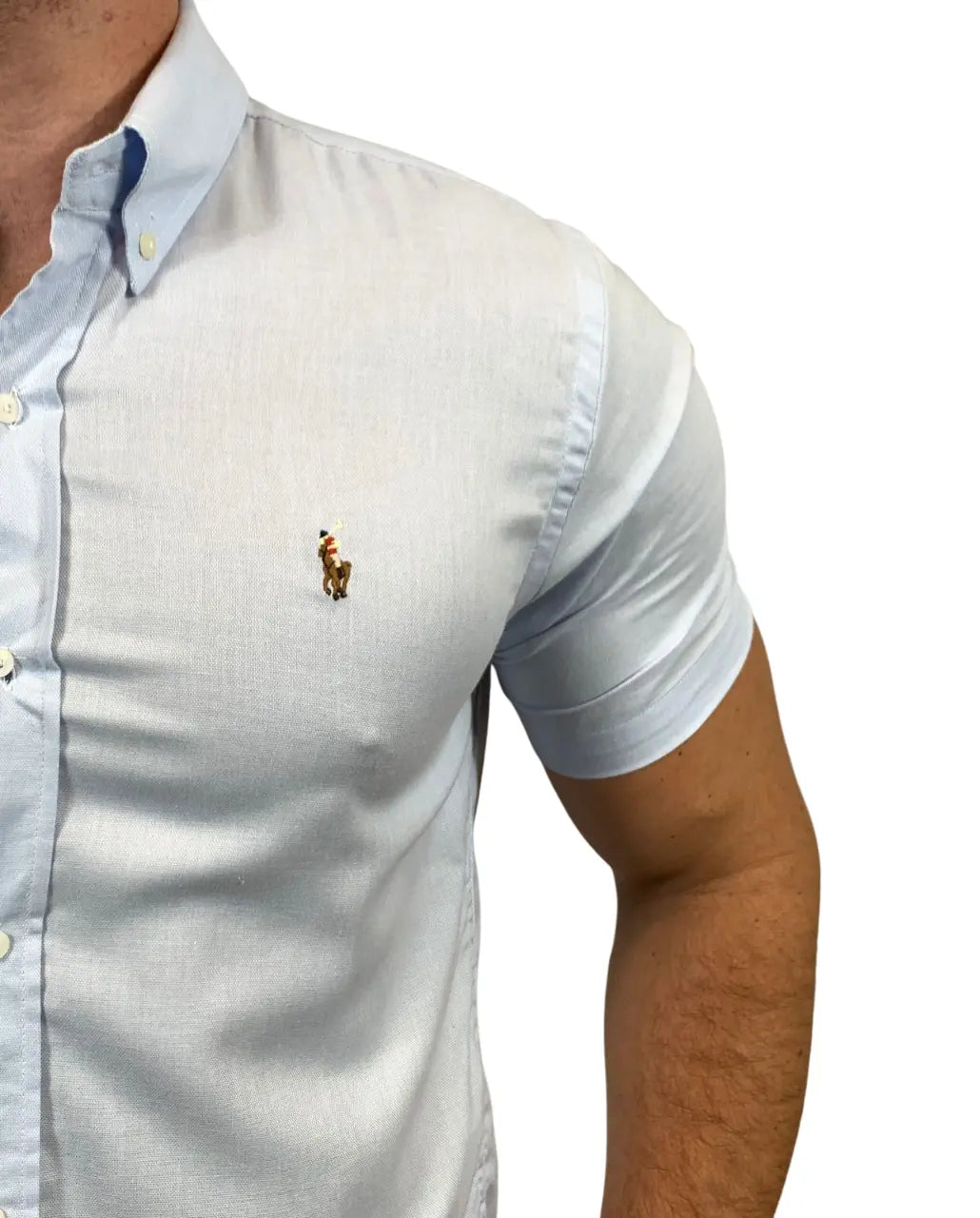 Camisa PRL Masculina Manga Curta Oxford Azul Claro