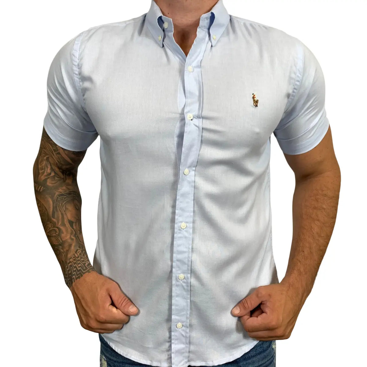 Camisa PRL Masculina Manga Curta Oxford Azul Claro